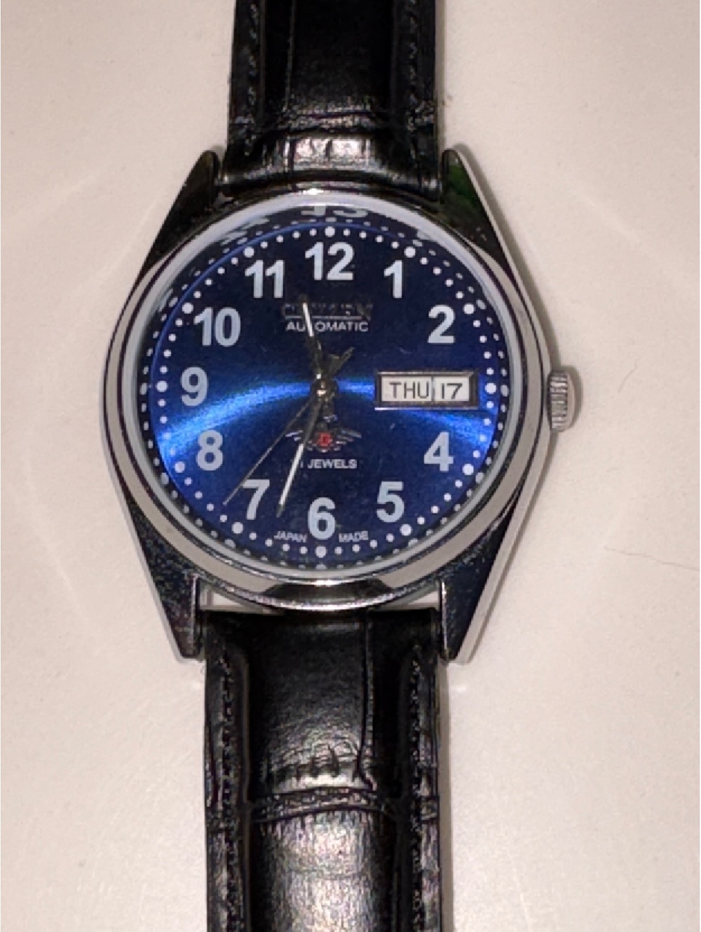 Citizen Automatic Men's Wristwatch with Blue Dial and Black Leather Strap